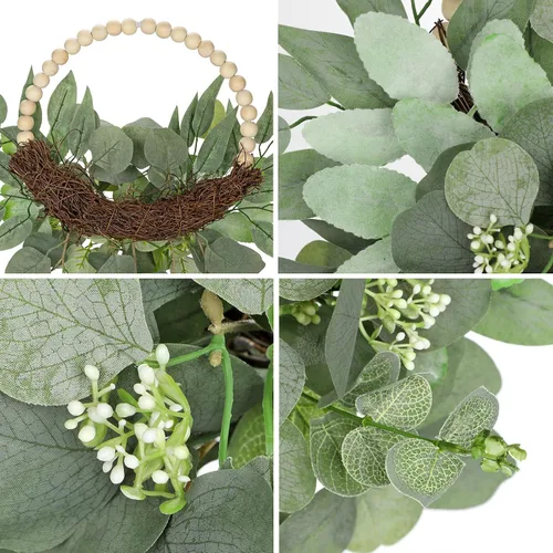 Vista 3 de Coronas artificiales de eucalipto con cuentas de madera para puerta delantera, coronas de hojas de eucalipto de 10 pulgadas, decoración de primavera