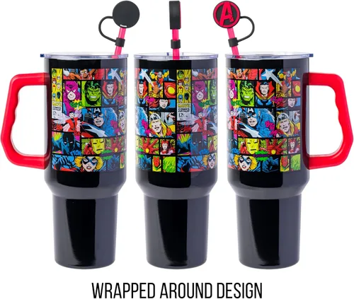 Vista 5 de Silver Buffalo Marvel Avengers - Vaso de acero inoxidable con asa, popote y tapa de pajilla, diseño de Iron Man, Capitán América, Blue Beetle, Thor