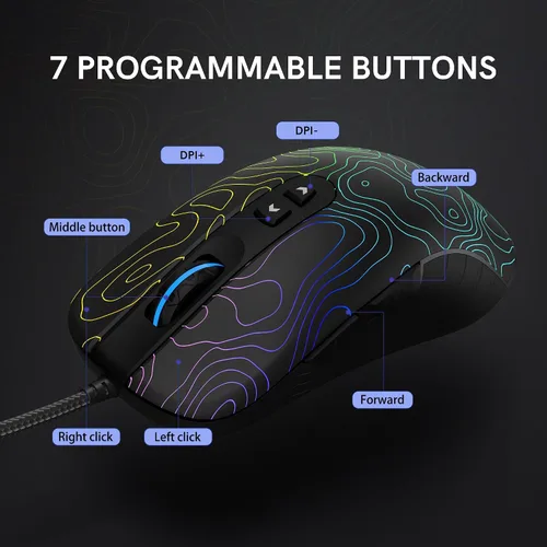 Vista 5 de dagaladoo Ratón negro para juegos con cable, 12800 DPI RGB mouse para juegos con 7 efectos de iluminación, mouse para juegos de PC, compatible