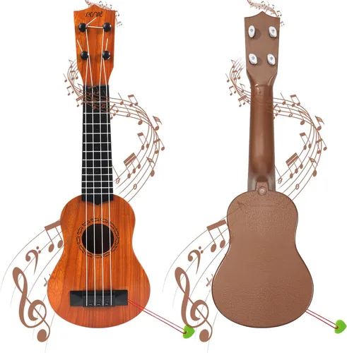 Vista 8 de Raimy Guitarra ukelele de 17 pulgadas para niños, 4 cuerdas, mini guitarra para niños, instrumentos musicales, juguetes educativos con púas