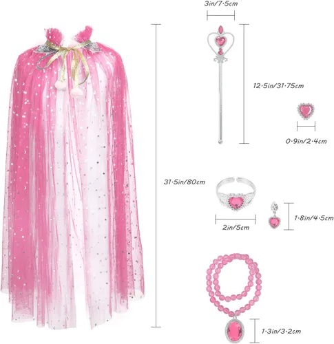 Vista 6 de Fedio Juego de capa de princesa, 7 piezas, capa de princesa con corona de tiara, varita para niñas pequeñas (rosa)