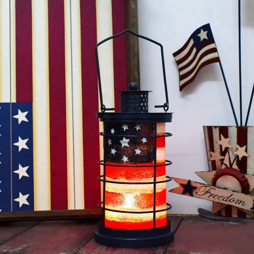 Vista 2 de Morning View Farol de bandera estadounidense, decoración patriótica de metal, farol colgante de bandera de Estados Unidos, decoración de mesa al