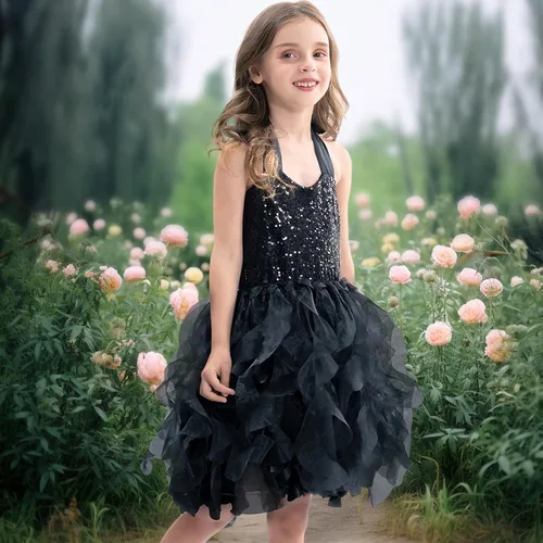 Vista 6 de Vestido tutú para niñas con capas de organza y sauces, traje de cumpleaños, vestido de fiesta de tul con lentejuelas para Pascua, cumpleaños