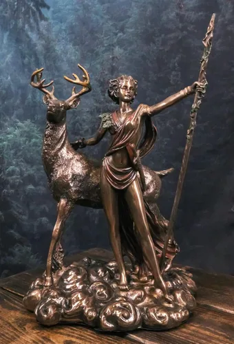 Vista 8 de Ebros Diosa griega romana de la caza Luna y naturaleza Diana con estatua de ciervo Artemisa La cazadora escultura 11.5 pulgadas de alto