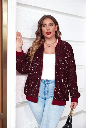 Vista 4 de IN'VOLAND Chaqueta de lentejuelas para mujer, talla grande, chaqueta de manga larga brillante con cremallera frontal, holgada, casual, chaqueta