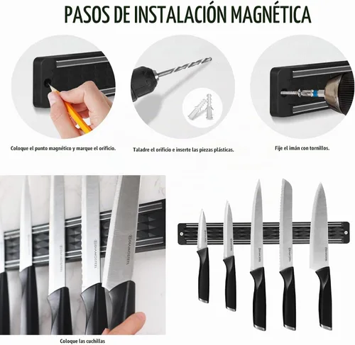 Vista 4 de Juego de cuchillos negros con tira magnética para pared, 6