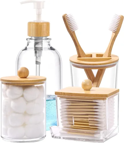 Vista 8 de Juego de accesorios de baño de bambú, 4 piezas, soporte para cepillos de dientes transparente, dispensador de jabón de plástico y 2 soportes