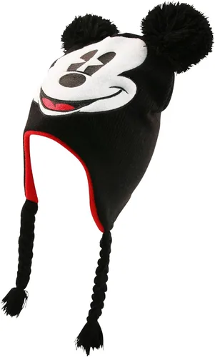 Vista 4 de Disney Gorro unisex de punto de acrílico de Mickey Mouse para invierno, con orejas de pompón y borlas de punto.