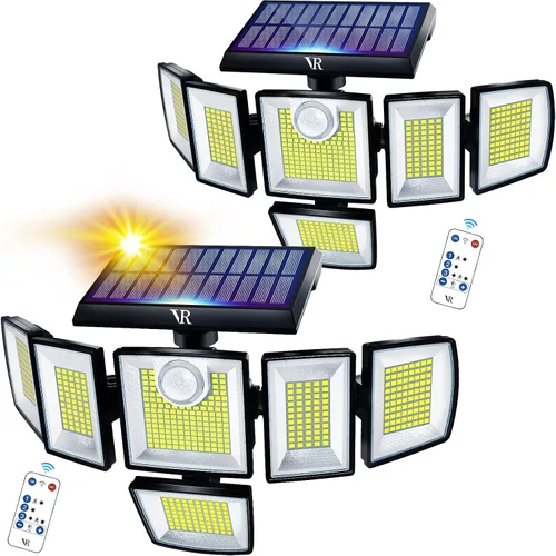 Vista 8 de Luces de Inundación Solares con Sensor de Movimiento para Exteriores – 496 LED 3500 lm, 3 modos de iluminación, 3 niveles de brillo, 6 cabezales