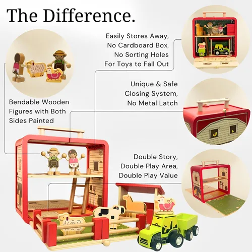 Vista 2 de Juego de granja de juguetes de madera – Los juguetes para niños pequeños incluyen funda de transporte portátil de granero, agricultores de gente