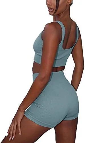 Vista 4 de fatty tiger Conjuntos de entrenamiento acanalados para mujer, 2 piezas, trajes de gimnasio, ombligueras, pantalones cortos de cintura alta