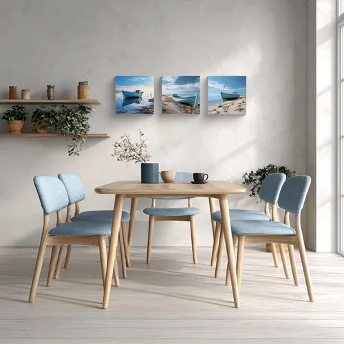 Vista 4 de Arte de pared costero de playa, arte en lienzo de barco azul, imágenes de gaviota, paisaje marino, impresiones de pintura de paisajes marinos, obras