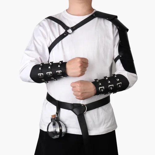 Vista 5 de Juego de 4 accesorios renacentistas medievales con cinturón vikingo, brazaletes de cuero, armadura de hombro, botella mágica, disfraces medievales