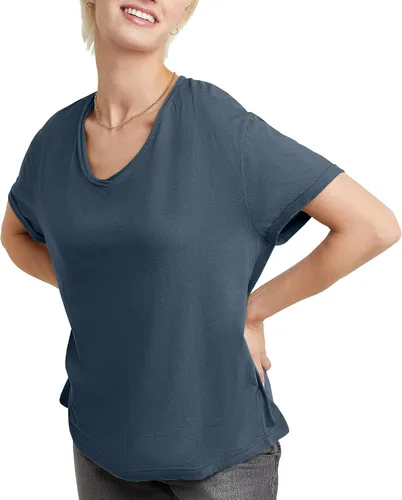 Vista 8 de Hanes Camiseta de manga corta con cuello en V para mujer con borde crudo, 100% algodón Negro