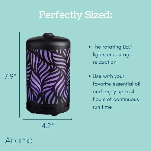 Vista 7 de Airome - Difusor ultrasónico de aceite esencial giratorio de 3.4 fl oz con luz LED, rotación de carrusel de 360, palma silvestre de metal negro