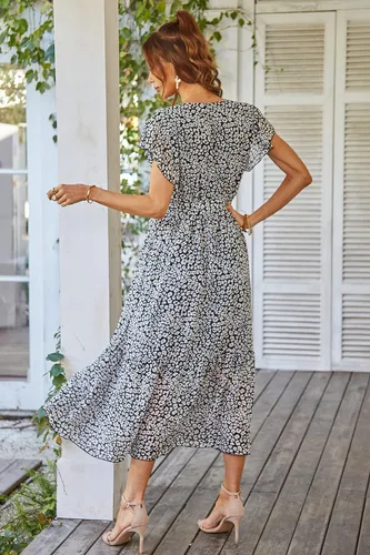 Vista 4 de PRETTYGARDEN - Vestido floral de verano para mujer cruzado con cuello en V manga corta con cinturón dobladillo con volantes acampanado vestido