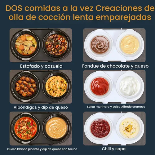 Vista 2 de KOOC Olla de cocción lenta doble pequeña, servidor de buffet y calentador, 2 ollas mini con 3 temperaturas ajustables individuales, ollas cerámicas