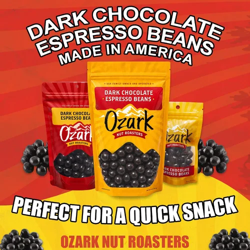 Vista 4 de OZARK NUT ROASTERS, Granos de café expreso de chocolate oscuro, aperitivos con sabor a café, granos de café de chocolate negro gourmet de clase