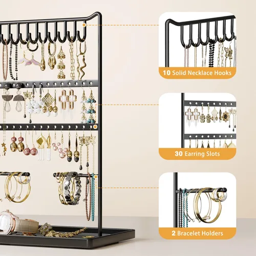 Vista 4 de bussdis Organizador de joyas, soporte para aretes, soporte para pulseras, organizadores de exhibición y almacenamiento de collares, torre negra
