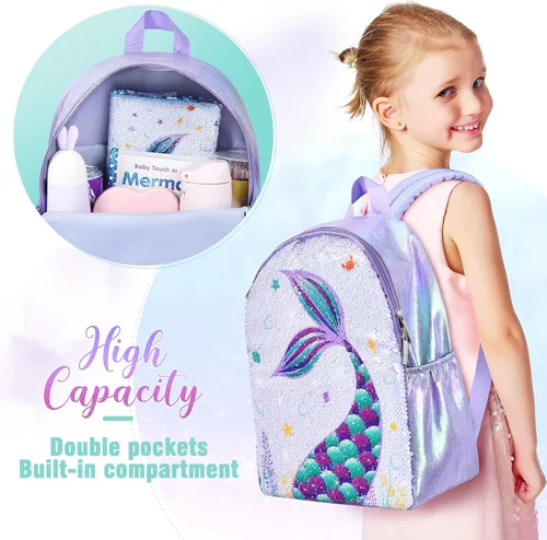 Vista 3 de WERNNSAI Mochila de sirena para niños mochila escolar de lentejuelas brillantes para niños pequeños preescolar jardín de infantes primaria 15