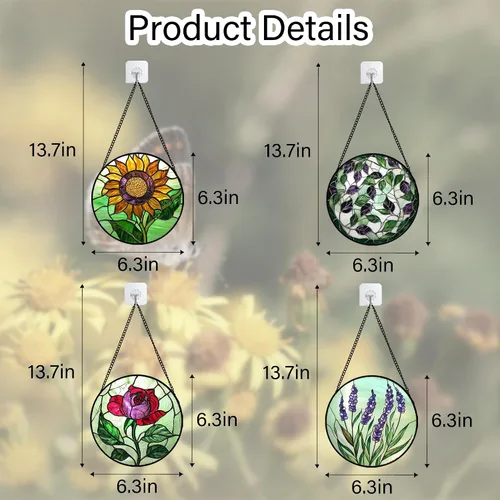 Vista 6 de Juego de 4 piezas para colgar vidrieras, rosas rojas, girasoles amarillos, 6.3 pulgadas, atrapasoles de flores, puerta de jardín, decoración