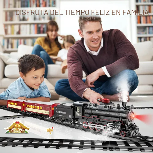 Vista 4 de Hot Bee Juego de tren para niños, juegos de tren de aleación a control remoto con locomotora de vapor, autos y pistas iluminados, juego de trenes