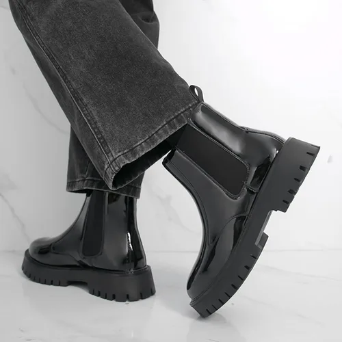 Vista 6 de Botas Chelsea con plataforma gruesa de charol para hombre, puntera redonda, suela de lengüeta, para negocios, para uso diario, al aire libre
