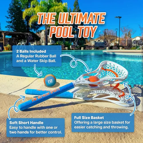 Vista 4 de Mini Toss Lacrosse Set – The Ultimate Game for the Pool or Beach & Backyard - Comes with Water Skipping Ball, Rubber Ball & 2 Sticks with Premium