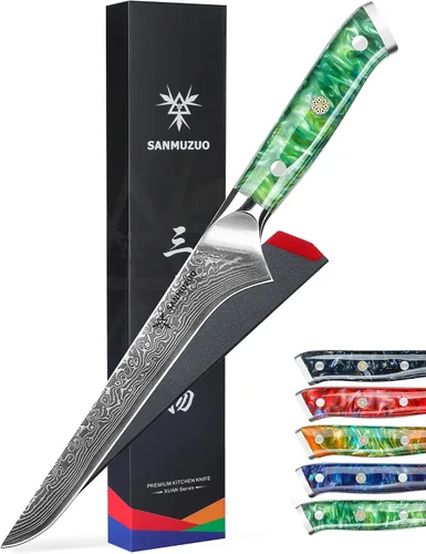 Vista 7 de Cuchillo de filete de 7 pulgadas, VG10 Damasco cuchillo para deshuesar peces con mango de resina - Serie Xuan (naranja fantasía)