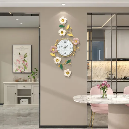 Vista 3 de FLEBLE Reloj de pared grande para decoración de sala de estar, moderno reloj de pared decorativo de flores de metal 3D, silencioso, sin tictac