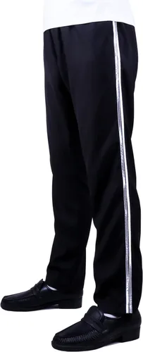 Vista 2 de Pantalones de disfraz negros con rayas plateadas, pantalones retro de los años 80 para escenario, fiesta y actuación