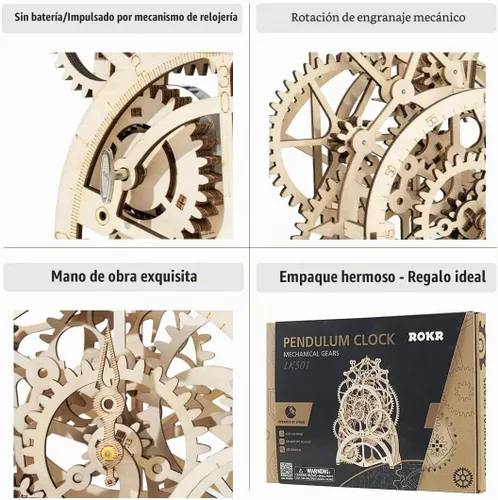 Vista 4 de ROKR Rompecabezas de reloj de péndulo mecánico de madera 3D, juego de construcción de juguetes de engranajes mecánicos, suministros de kit