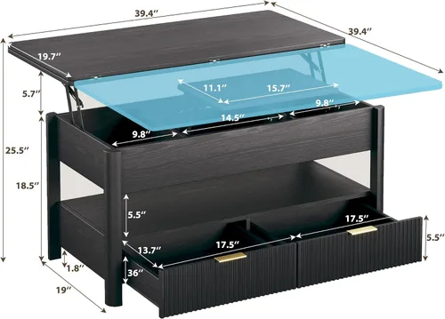 Vista 3 de HUAHUU Mesa de centro elevable de 40 pulgadas con almacenamiento, mesa de centro cuadrada 4 en 1 con compartimento oculto y estante abierto y 2