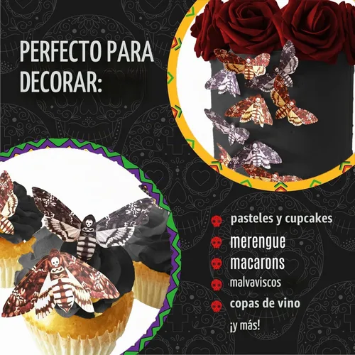 Vista 6 de Juego surtido de 24 polillas comestibles de cabeza de muerte pequeña – Obleas para pasteles y cupcakes – polillas comestibles para decoración