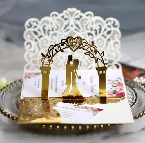 Vista 5 de NC Paquete de 10 invitaciones de boda desplegables en 3D doradas, elegantes tarjetas de aniversario de diseño de novia y novio para celebraciones
