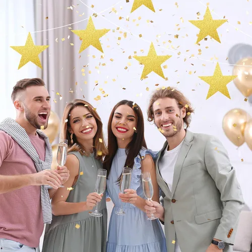 Vista 6 de Gejoy 80 piezas de recorte de estrellas doradas con purpurina dorada, decoración de estrellas doradas, estrella de papel doble impresa para noche