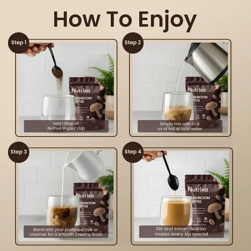 Vista 5 de Café de hongos orgánico de 11.99 oz (56 porciones) – 6 hongos adaptogénicos para energía, concentración y salud intestinal – Mezcla instantánea