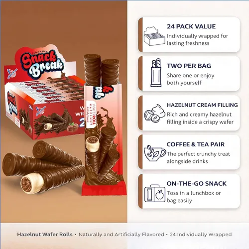 Vista 3 de Snack Break Rollos de Oblea de Avellana, Galletas de Oblea Enrolladas, Snack Delicioso con Capa de Cacao, Envueltos Individualmente, Palitos