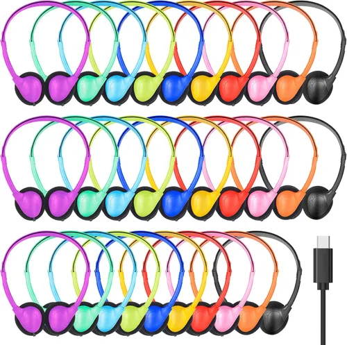 Vista 12 de Paquete de 10 auriculares USB tipo C a granel para el aula, niños y escuelas, con cable