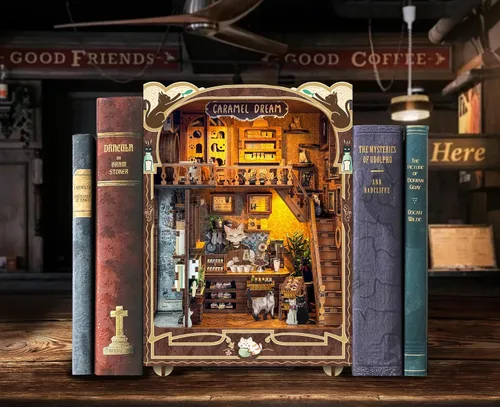 Vista 4 de Kit de rincón de lectura - Kit de casa de muñecas DIY en miniatura de madera con cubierta de polvo, estantería decorativa, rompecabezas 3D