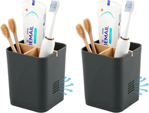 Vista 19 de Soportes para cepillo de dientes con drenaje para baños, soporte para cepillo de dientes de 4 ranuras con divisores de bambú, organizador de cepillo