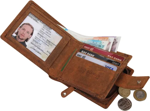 Vista 2 de Cartera de cuero real con bloqueo RFID para hombre con cremallera monedero 1044-marrón, Marrón, Vintage
