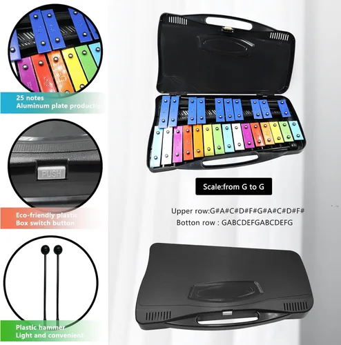 Vista 2 de Soulmate Xilófono Glockenspiel de 25 notas para niños, juguete musical colorido con teclas de metal, instrumento xilófono profesional con estuche