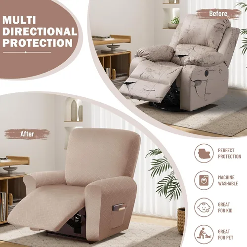 Vista 5 de vctops Funda reclinable con diamantes de 4 piezas, funda elástica para sofá reclinable de 1 plaza, protector suave y sólido para muebles con correa