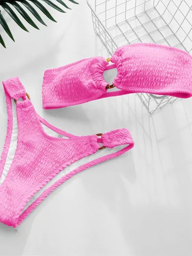 Vista 90 de WDIRARA Conjunto de bikini de 2 piezas sin tirantes para mujer