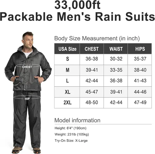 Vista 6 de 33,000ft Traje de lluvia para hombre con capucha oculta, impermeable, equipo de lluvia (chaquetas y pantalones)