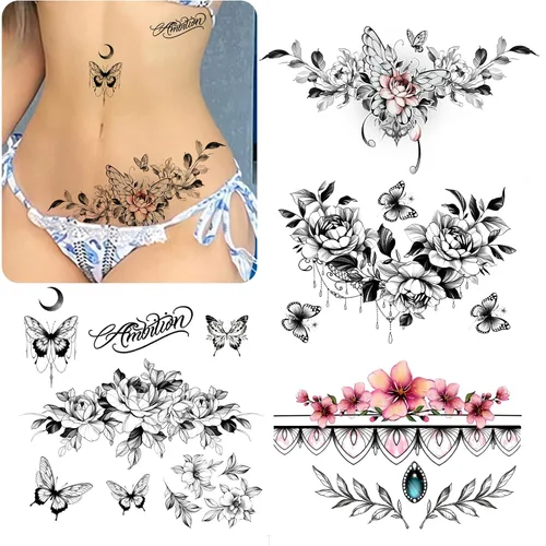 Vista 8 de ROARHOWL Tatuaje temporal sexy para mujer, hermoso y exquisito juego de tatuajes realistas en 3D, mariposa, abdomen, pecho, cintura y espalda