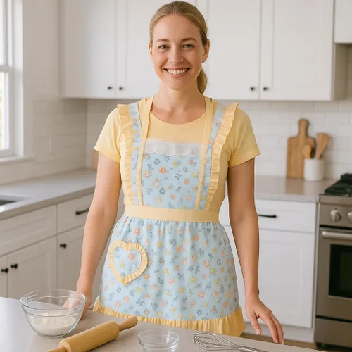 Vista 5 de CRB Fashion Delantal para mujeres para cocinar y hornear Delantales de chef de cocina para damas, mujer, con bolsillo Flor de melocotón azul Lgt