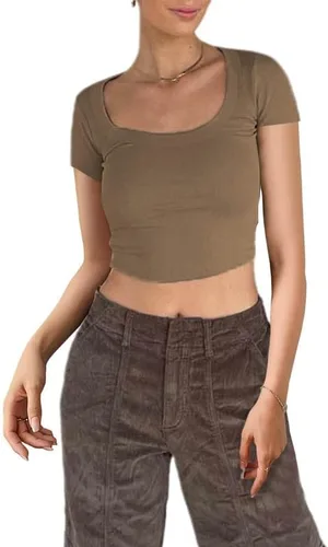 Vista 2 de Camisetas básicas de manga corta para mujer, color liso, ajustadas, camisetas de bebé, cuello redondo, Y2K