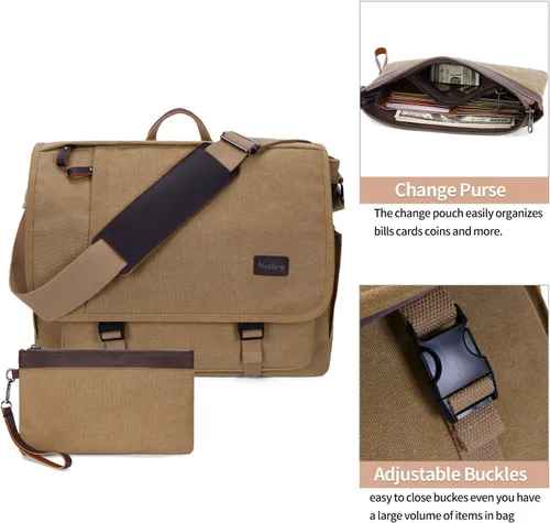Vista 3 de NerIion Bolsa de Mensajero para Hombres de 17-17.3 Pulgadas, Bolsa de Laptop de Lona Resistente al Agua, Bolsa de Hombro, Maletín de Trabajo, Marrón